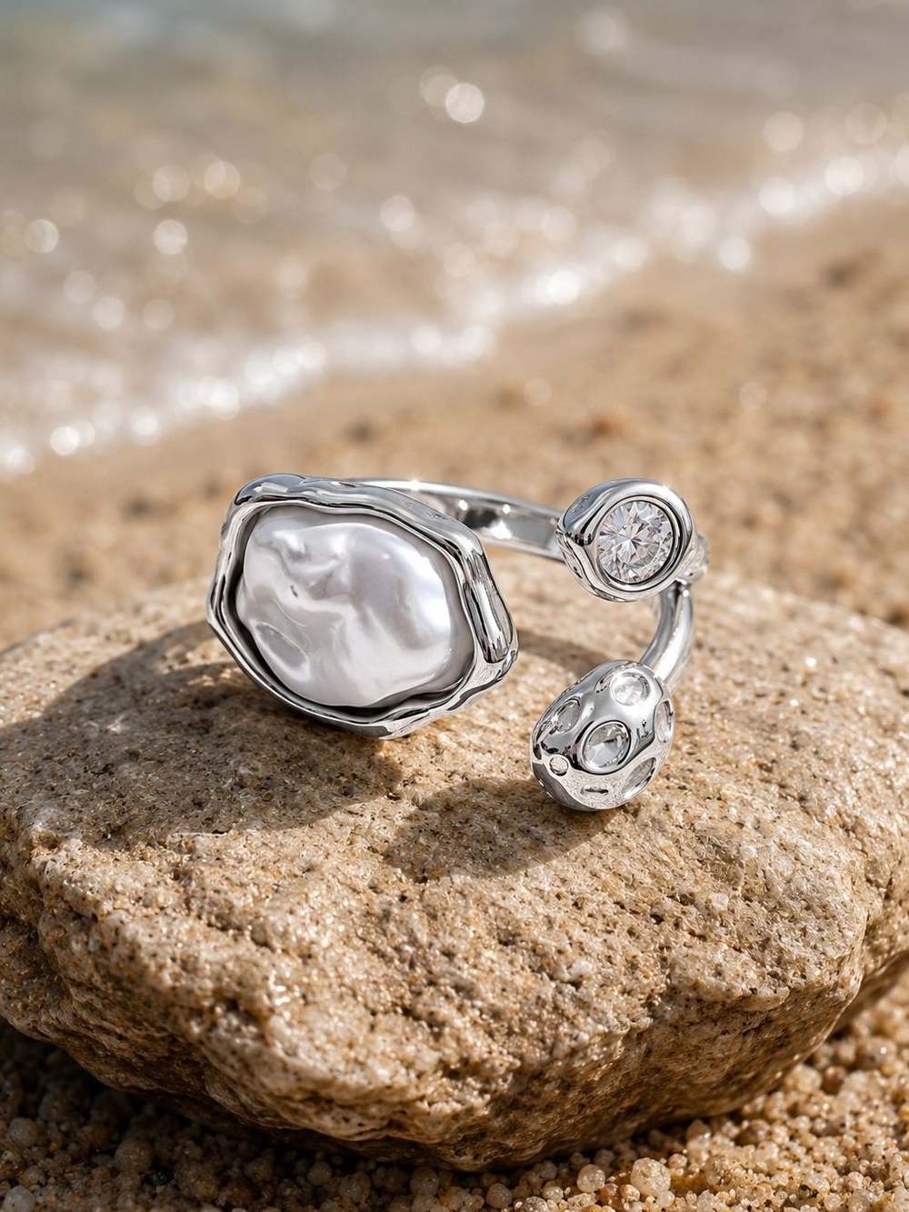 Silver Open Ring with White Pearl and Clear Crystal